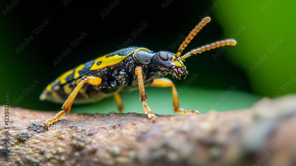 Poster closeup detailed view of yellow and black beetle on tree branch : generative ai