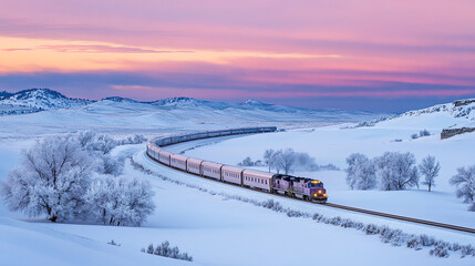 Obraz premium Scenic Train Journey Through Snowy Landscape