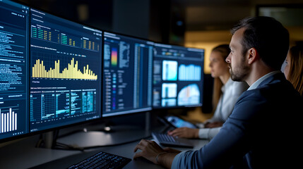 Focused team of data analysts working late at night analyzing complex data on multiple monitors in a dimly lit office with serious expressions, showing dedication and collaboration in their work