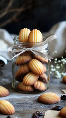 Mini madeleines stacked in a glass jar, tied with a ribbon