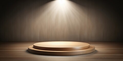 A Two Tiered Wooden Platform Set Against A Backdrop Of Warm Wood Paneling Illuminated By A Single Spotlight