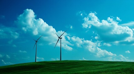 Scenic View of Wind Turbines on Green Hill Under Cloudy Blue Sky for Renewable Energy Concepts : Generative AI