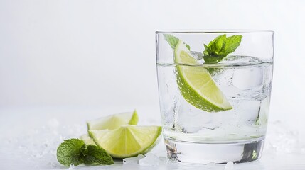 Refreshing cocktail with lime and mint on ice in clear glass perfect for summer relaxation and zest : Generative AI