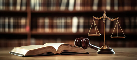 In a courtroom or law enforcement office there is an open law book placed on a table alongside a wooden judges gavel The scene is isolated on a white background with enough space for text 