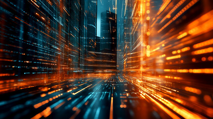 Abstract cyberpunk city with neon lights and a futuristic digital cityscape showcasing the innovative and transformative power of technology in a vibrant and electric aesthetic