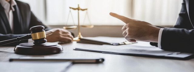 Obraz premium concept of justice and law A male judge in the courtroom on a wooden table and a male counselor or lawyer working in the office. Law, advice and justice concepts