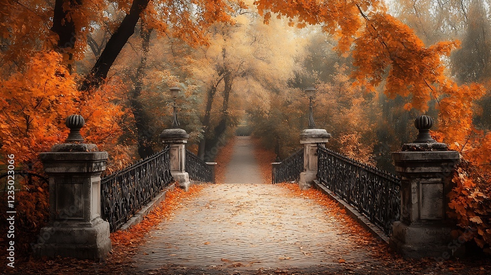 Poster enchanting autumn bridge scene with golden leaves and misty atmospheric pathway : generative ai