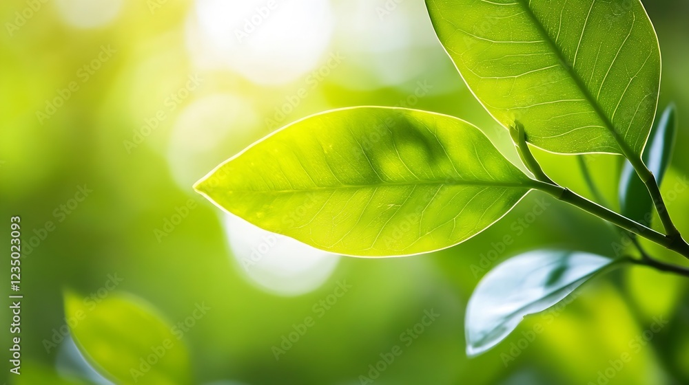 Poster macro green leaf with sunlight in natural environment : generative ai