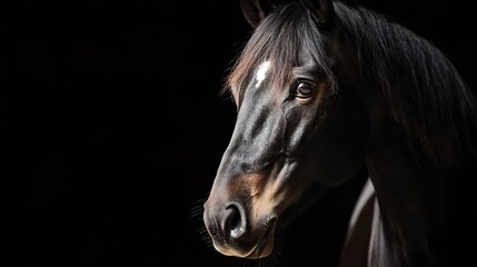 Majestic Black Horse Profile Portrait Against Black Background : Generative AI