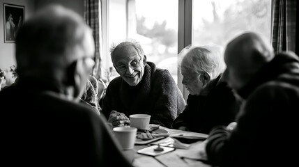 Black and white photo of senior friends chatting around a table at home capturing a cozy moment of togetherness, camaraderie, and heartwarming conversation in a nostalgic setting