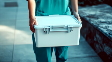Medical worker holding a white cooler box in a hospital environment with a focus on the medical box and its contents suggesting a potential medical supply delivery or a critical care scenario.