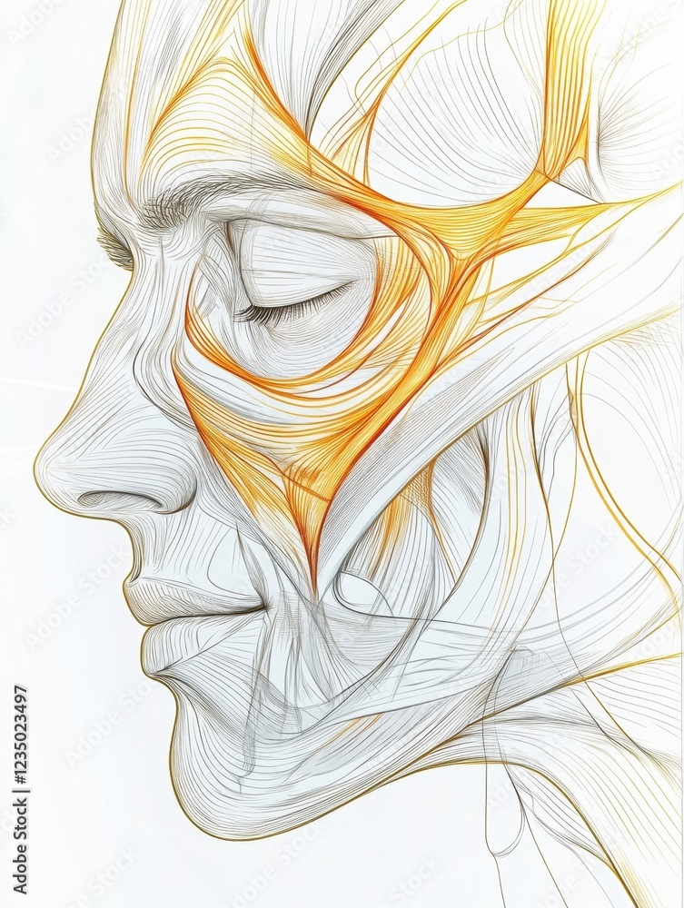 Poster detailed anatomical illustration of facial muscles and contours showing intricate structures and the