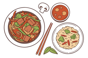 Chinese cuisine, assorted dishes, colorful array of foods, white round plates, stir-fried vegetables, sweet and sour pork, kung pao chicken, beef and broccoli, sliced ham, fried rice, mushroom soup, v