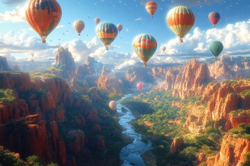 Fototapeta premium Hot Air Balloons Soar Over Canyon River Landscape