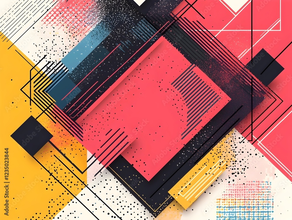 Poster a vibrant abstract geometric composition featuring bold colors like pink, yellow, and blue. the desi