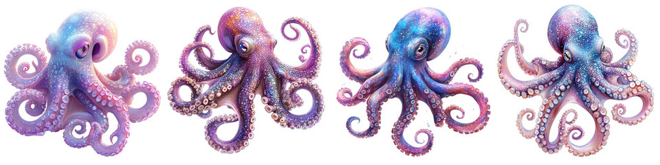Fototapeta premium Colorful octopus illustrations vibrant marine life designs on transparent background