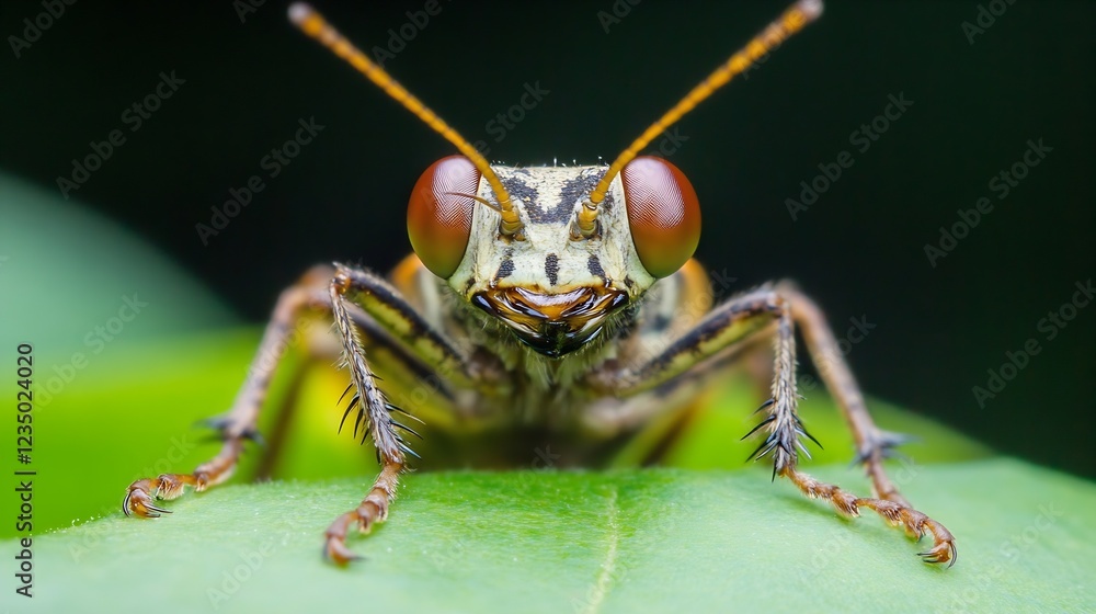 Poster close up of vibrant grasshopper on leaf with detailed features and bright red eyes : generative ai