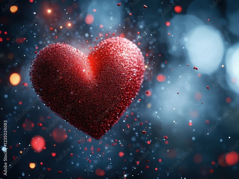 Poster a sparkling red heart surrounded by glowing particles and bokeh effects.