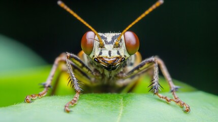 Close Up of Vibrant Grasshopper on Leaf with Detailed Features and Bright Red Eyes : Generative AI