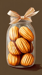 small French sponge cake in the shape of sea scallops in a glass jar