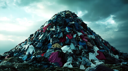 Massive pile of discarded clothing forming a hill under a dramatic sky highlighting the environmental impact of textile waste