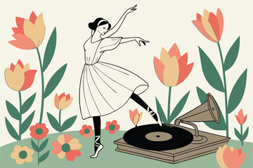 Vintage ballerina statue, graceful dance pose, flowing white dress, standing on vinyl record, surrounded by vibrant colorful flowers, surreal collage, nostalgic aesthetic, retro music concept, black a © Manik Mia
