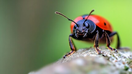 Fototapeta premium Macro Image of Vibrant Red Beetle on Leaf with Green Blurred Background : Generative AI