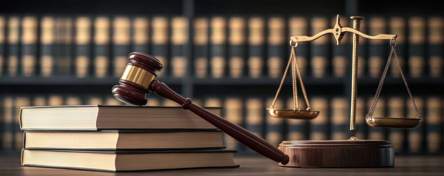 Detailed shot of a gavel with law books and scales 
