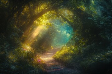 Obraz premium Mysterious forest path bathed in golden sunlight, surrounded by lush greenery and misty atmosphere, creating an enchanting and magical scene 