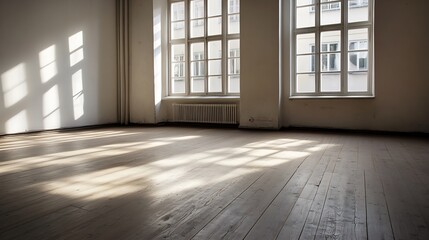 Spacious Sunlit Room with Large Windows and Wooden Floors : Generative AI