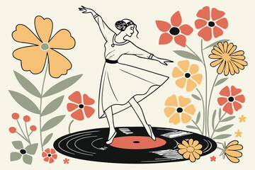 Vintage ballerina statue, graceful dance pose, flowing white dress, standing on vinyl record, surrounded by vibrant colorful flowers, surreal collage, nostalgic aesthetic, retro music concept, black a © Manik Mia
