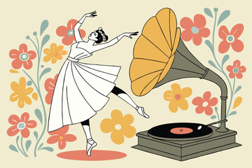 Vintage ballerina statue, graceful dance pose, flowing white dress, standing on vinyl record, surrounded by vibrant colorful flowers, surreal collage, nostalgic aesthetic, retro music concept, black a © Manik Mia