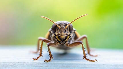 Intense Grasshopper Stare with Macro View of Detailed Insect Expression on Wooden Surface : Generative AI