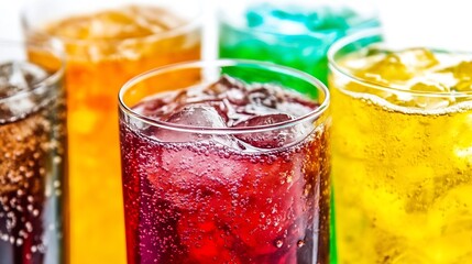 CloseUp of Colorful Assorted Fizzy Drinks in Tall Glasses : Generative AI
