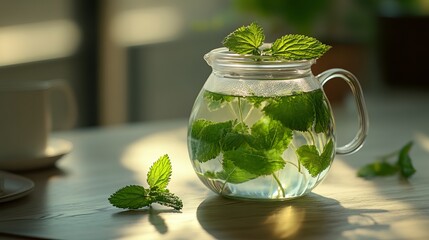 A clear glass pitcher filled with herbal tea made from fresh mint leaves, sitting on a wooden table with soft lighting