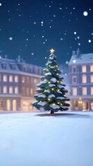 A beautifully decorated Christmas tree stands on a snowy town square, surrounded by softly lit buildings. Snowflakes gently fall in the serene night sky.