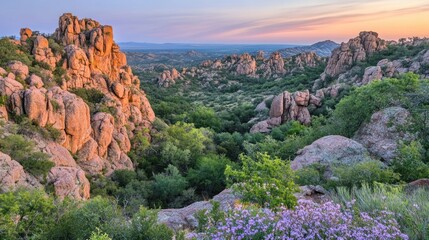 Arizona Sunset Landscape Featuring Rugged Rocks and Lush Vegetation