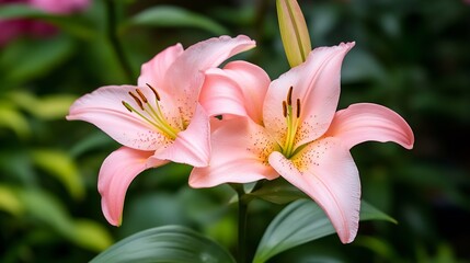 Fototapeta premium Beautiful Pink Lilies in Lush Garden Exuding Charm and Grace with Delicate Petals : Generative AI