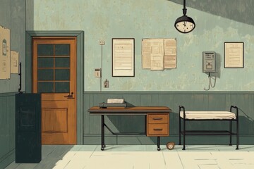 Retro Office Room With Desk And Waiting Area