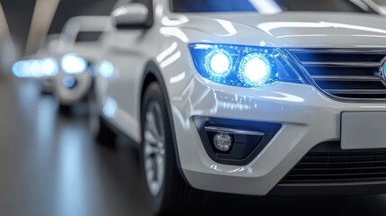 Obraz premium Futuristic Car Lineup: Sleek White Vehicles with Bright Blue Headlights