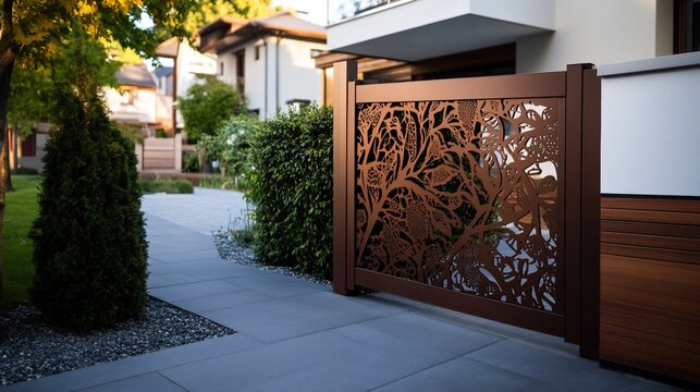 Modern Brown Metal Gate with Intricate Laser Cut Tree Design in a Residential Garden