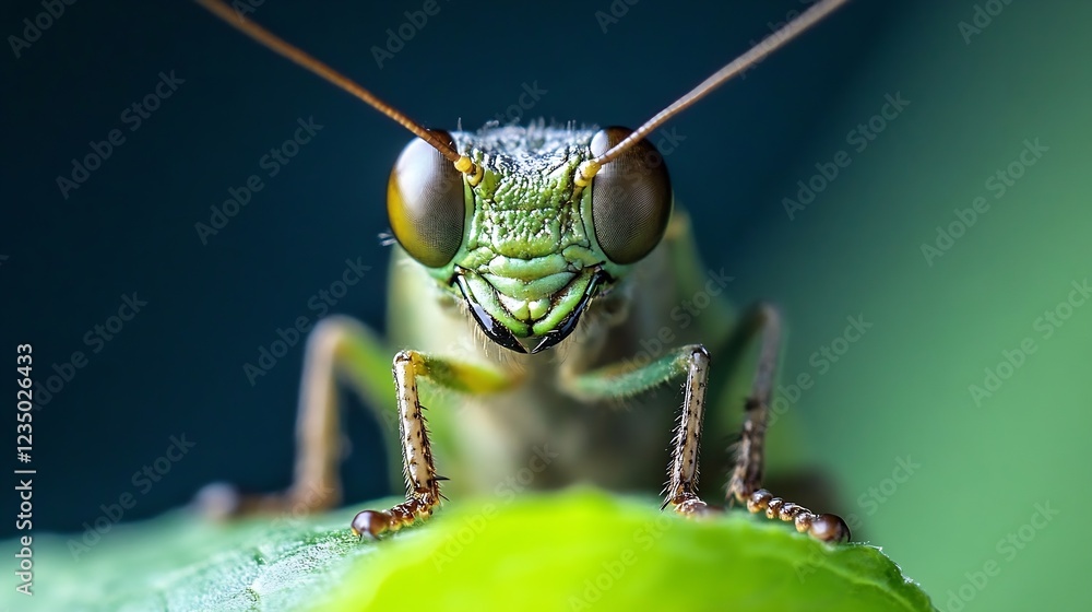 Aufkleber closeup of green grasshopper on leaf with blue background : generative ai