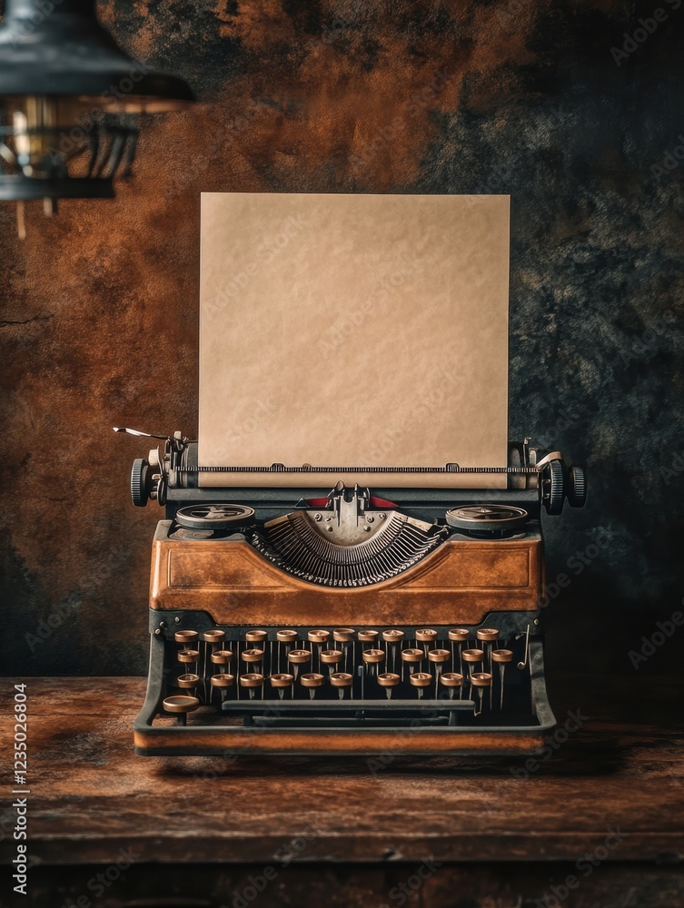Poster vintage typewriter with blank paper and bold breaking news heading set against rustic backdrop. gene