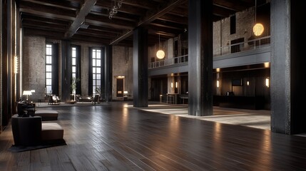 Spacious industrial loft interior with large windows and modern decor in city setting : Generative AI