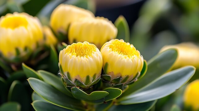 Yellow Protea Flowers Blooming in Garden for Exotic Botanical Displays : Generative AI