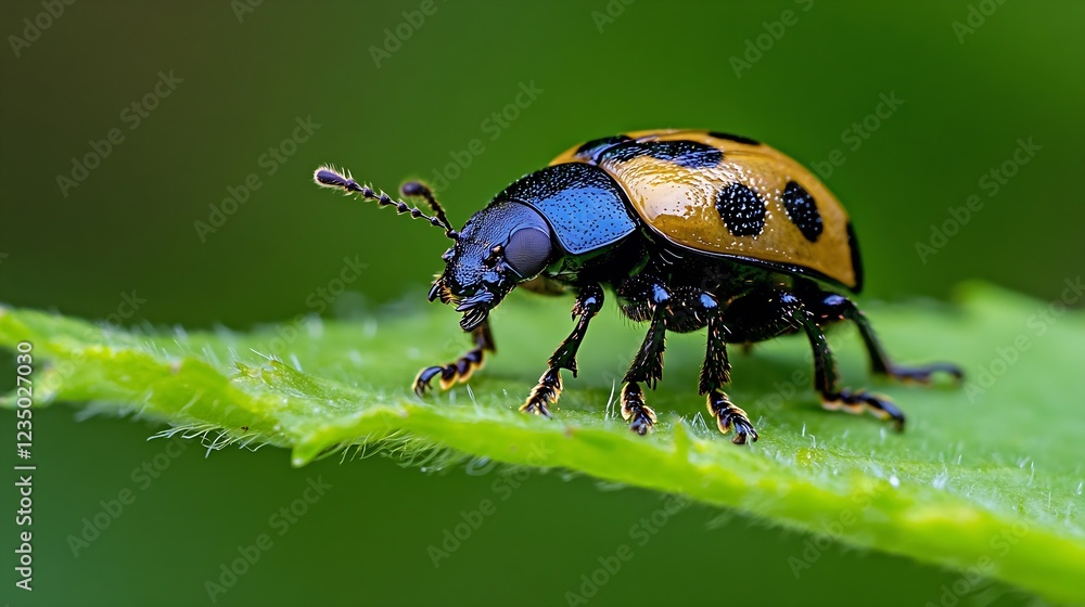 Poster Colorful Macro Image of a Beetle with Distinctive Markings on a Leaf : Generative AI