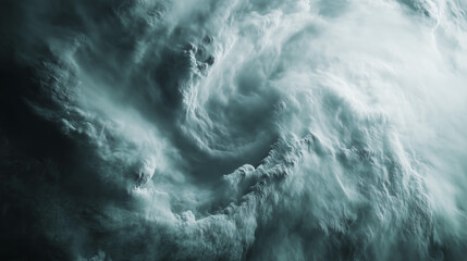Aerial view of swirling cloud formations from a storm system. A stunning and detailed depiction of nature’s power and beauty, perfect for themes of weather and natural phenomena