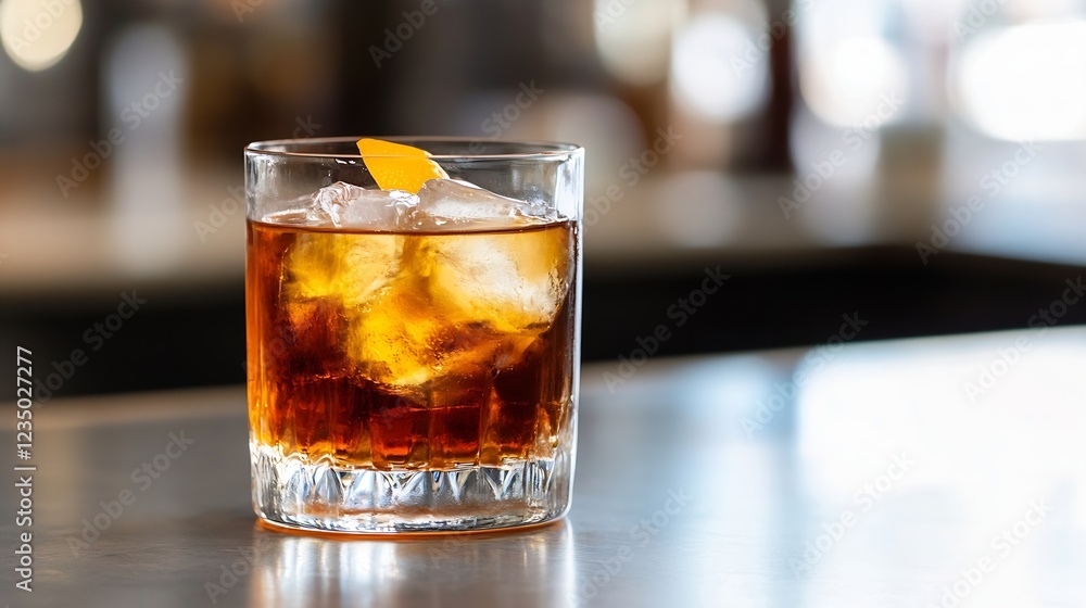 Poster classic whiskey cocktail with ice and orange garnish on bar counter : generative ai