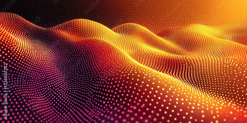 Poster abstract wave pattern created with neon colored dots on a dark background resembling a digital lands