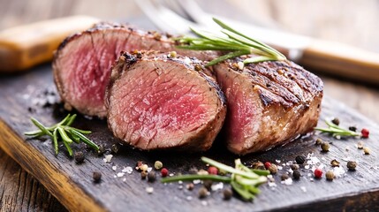 Grilled Medium Rare Beef Steak with Fresh Herbs and Seasonings on Rustic Board : Generative AI